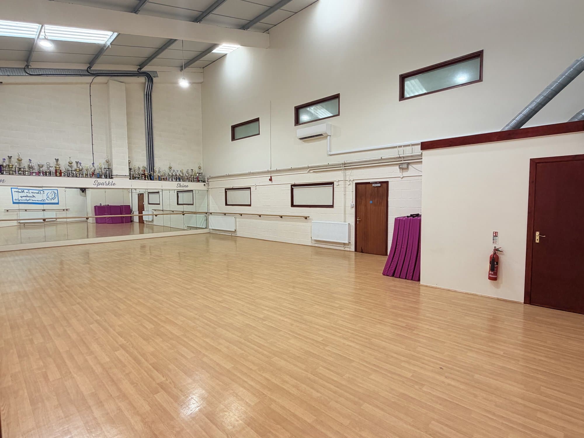 Studio 1 with sprung floor, wall of mirrors, ballet barres and trophies
